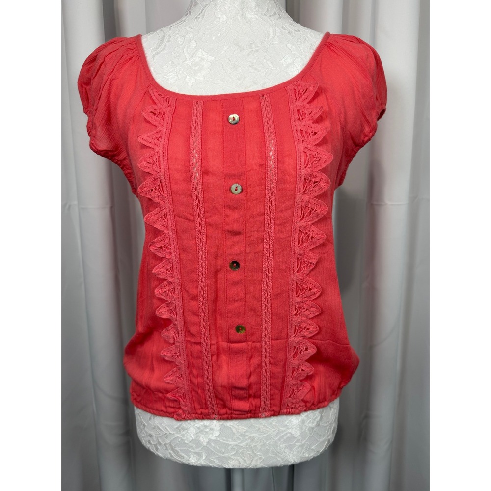 Eyeshadow Coral Pink Crochet Lace Pintuck Puff Sleeve Blouse XS